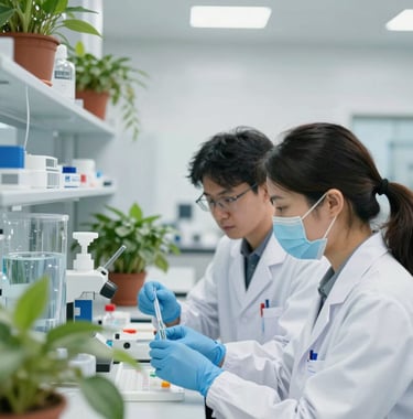 People collaborating in a modern, sustainable laboratory environment with plants and water testing equipment, bright and innovative.