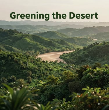 A high-quality rendering of a thriving green landscape where there was once sand, demonstrating the 'Greening the Desert' concept. Colors include deep forest green and soft morning light.