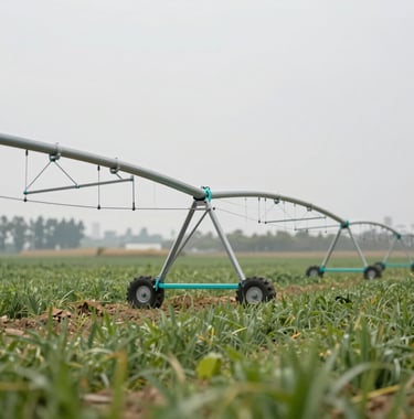 Modern sustainable irrigation technology working in a field, clean lines, minimalist design, teal highlights on metallic surfaces.