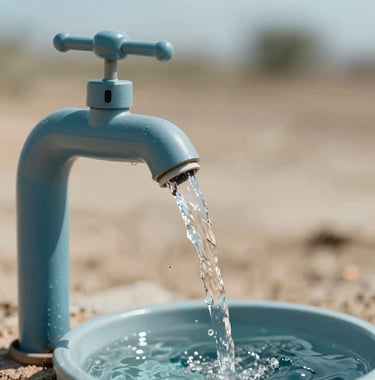 Close-up of clean water flowing from a high-tech spout in a dry landscape, representing innovative solutions for drinking water. Colors feature #306B70 and #F5F8EF.