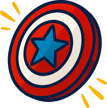 Red and white circular superhero shield with a blue star icon in a flat cartoon style.
