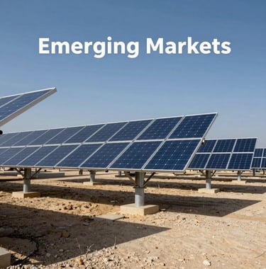 A professional photograph of a renewable energy project in the Middle East, featuring solar arrays under a clear sky blue, symbolizing energy sector focus in Emerging Markets.