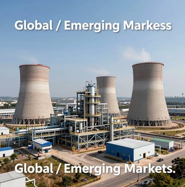 Industrial photography of a high-tech energy infrastructure site or modern mining operation located in a vast landscape. The image is clean and bright, emphasizing rigorous discipline and execution. Global / Emerging Markets.