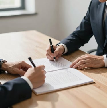 A professional close-up of two executives in formal attire signing a contract in a minimalist, sunlit boardroom. The focus is on the action of partnership and agreement. Global / Emerging Markets context.