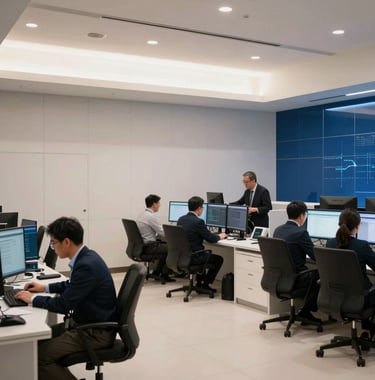 An interior shot of a contemporary financial exchange floor in a Southeast Asian metropolis. Professional traders are working in a clean, high-tech environment. The lighting is cool-toned with off-white and deep blue accents, conveying sophisticated financial engineering.