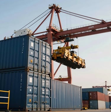 A close-up of a maritime trade port with steel-blue shipping containers being organized by a crane against a clear morning sky. Global / Emerging Markets setting, clean and authoritative composition representing commodity flows and trade logistics.