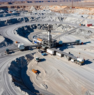 A large-scale mining operation in a desert landscape within a Global / Emerging Markets region, showing modern equipment and organized logistics. High-contrast photography with a focus on deep blue shadows and off-white sands, emphasizing sector expertise.