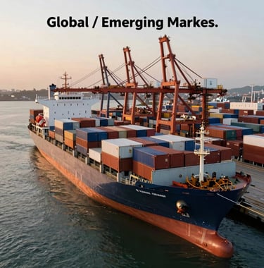 High-angle photography of a massive cargo ship docked at a modern deep-water port terminal during sunset. The scene reflects the scale of global commodity trade flows and logistics excellence. Global / Emerging Markets.