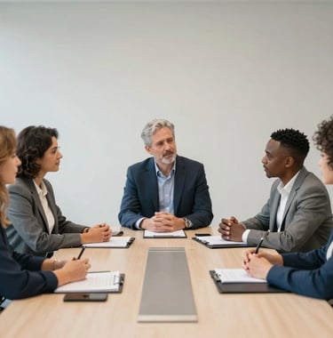 A professional photo of a diverse group of community stakeholders in a clean, modern North American boardroom discussing educational expansion. The atmosphere is serious yet hopeful, with a palette of muted blue and off-white.