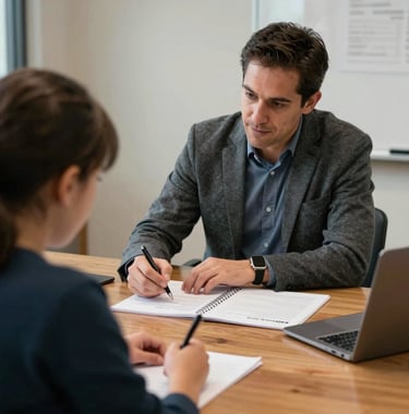 An expert educator in British Columbia sitting with a parent and student at a wooden meeting desk, planning a custom curriculum with warm encouragement.
