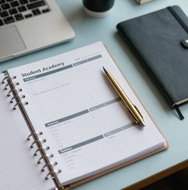 A top-down view of an organized desk featuring a structured student academy planner, a fine gold pen, and neat notebooks in a pale blue room in British Columbia.