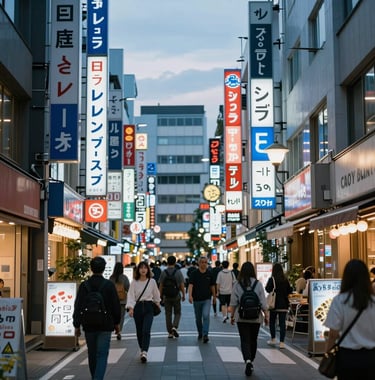 A vibrant street scene in Tokyo at dusk, with glowing blue and white neon signs, depicting the excitement of international travel.