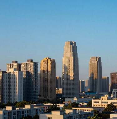 A scenic view of a modern cityscape with high-rise buildings under a clear azure sky, shot during the golden hour with soft blue and gold tones.