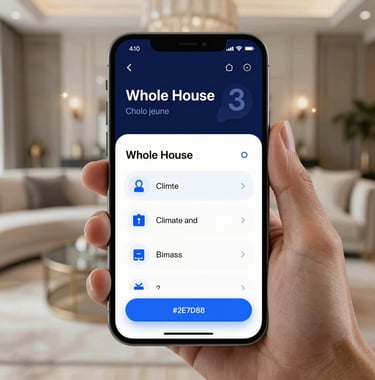 A close-up of a high-end mobile app interface on a premium smartphone, showing 'Whole House' climate and security status. The hand holding it is in a blurred luxury living room setting, using #0F1A2B and #2E7D8A in the UI design.