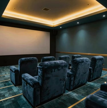 A luxury home cinema room with deep velvet seating. The lighting is a custom 'Movie Scene' with subtle teal floor strips (#2E7D8A) and a golden ceiling glow (#A8875D), showcasing effortless atmospheric control.
