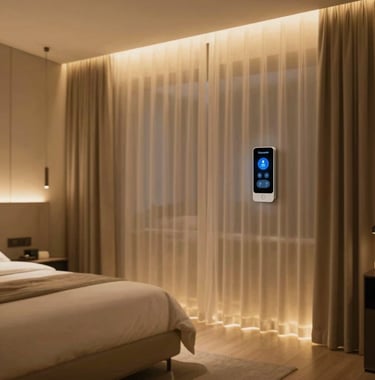 A luxury bedroom with 'Sleep' mode active. Motorized curtains are closed, and subtle warm gold (#A8875D) floor lighting guides the way, illustrating bespoke lifestyle automation.