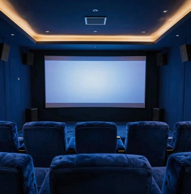 A luxury private cinema room in a Dubai villa, featuring deep royal blue (#0F1A2B) plush seating and a soft gold (#A8875D) halo light surrounding the screen, showcasing peak immersive audio/video technology.