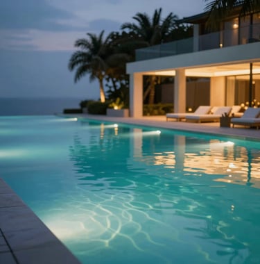 An outdoor infinity pool area at dusk, with smart-controlled underwater lighting in teal and landscape lighting in warm gold. The reflection on the water is crisp and luxurious, utilizing the full brand palette.