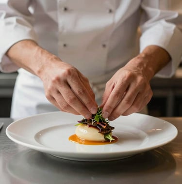 Close-up of a chef's hands placing a delicate garnish on a gourmet plate, high-end kitchen setting, sophisticated lighting with warm orange highlights, minimalist and clean aesthetic.