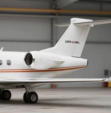 The tail of a sleek white business jet with a minimalist orange stripe, parked in a clean hangar, representing professionalism and the elite service context of COFFE & GRILL.