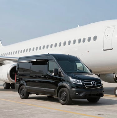 A sleek, black catering vehicle specialized for aircraft height, positioned next to the wing of a white jet, modern logistics imagery, clean lines, professional and efficient vibe.