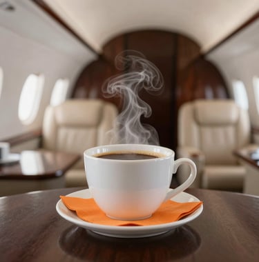 Close-up shot of a premium coffee service on a private jet, steam rising from a modern cup, orange napkin accent, soft focus on the luxurious cabin interior background.