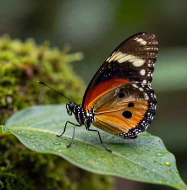 A vibrant macro photograph of a rare, colorful butterfly on a tropical leaf in the Phulchoki jungle. The background is a soft-focus moss green and sage green, highlighting the biodiversity of the open zoo.