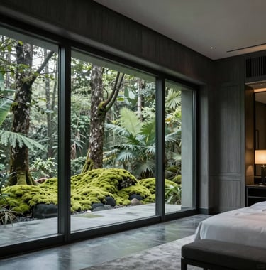 A luxury 5-star resort interior with elegant wood finishes and large glass windows overlooking a soft moss green forest. The mood is sophisticated and peaceful, using a dark slate grey and pale mist green palette.