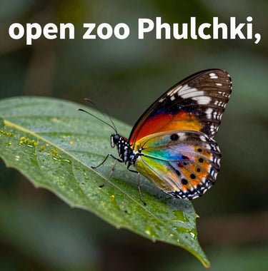 A vibrant macro photograph of a rare, colorful Himalayan butterfly resting on a leaf in the Godawari jungle. The background is a soft-focus mix of leaf green and muted moss green, reflecting the 'open zoo' atmosphere of Phulchoki.