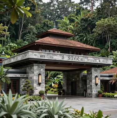 An elegant architectural photograph of the 5-star resort entrance in Godawari. The structure blends sophisticated modern stone work with traditional Nepalese aesthetics, surrounded by lush forest greenery and soft sage green foliage.