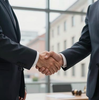 A firm handshake between two professionals in business suits, symbolizing a successful legal agreement, bright corporate Italian / European setting.