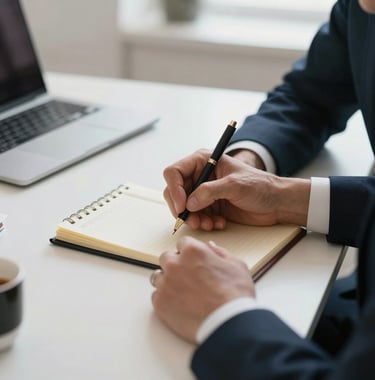 Close-up of a professional lawyer's hands taking notes during a consultation, elegant stationery on a clean desk, bright Italian / European office setting.