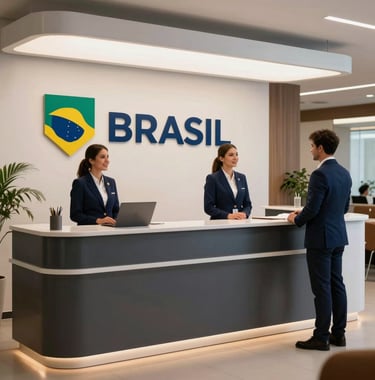 Photography of a modern reception desk at a corporate event in Brazil, with sleek branding and polite staff wearing professional navy blue attire, emphasizing a welcoming atmosphere.