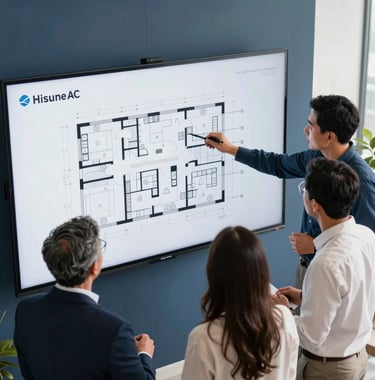 A high-angle photo of a professional South American planning team discussing a floor plan layout on a large screen in a bright, modern office with soft navy blue accents.