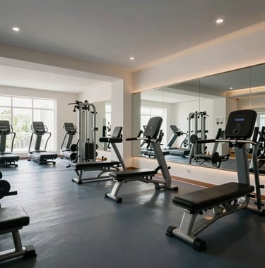 A sleek, fully equipped modern gym within an apartment complex in Ranchi, South Asian / Indian setting. Polished dark blue-grey floors and off-white walls. Large mirrors reflect a clean, high-standard fitness environment.