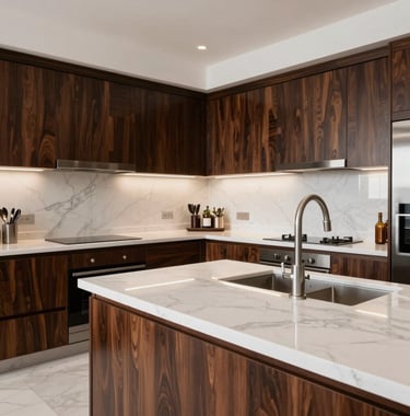Modern kitchen photography in a South Asian / Indian luxury apartment, featuring white marble countertops and sleek dark wood cabinets, showcasing high-end finishes and quality construction.