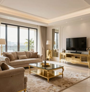 A bright, high-end 3BHK living room in a South Asian / Indian luxury apartment. The interior features beige and off-white walls with elegant gold-toned furniture. Large floor-to-ceiling windows let in soft daylight.