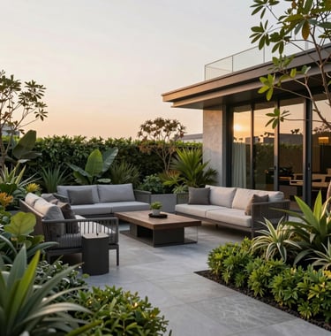 A sophisticated rooftop terrace garden in a South Asian / Indian residential project. Muted green lush plants and landscaped bushes frame a modern lounge area. The lighting is golden and warm during sunset, reflecting premium quality.