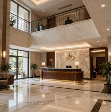 A view of the elegant residential lobby with polished floors and a reception desk, exuding trust and sophistication, typical of a premier Ranchi development.