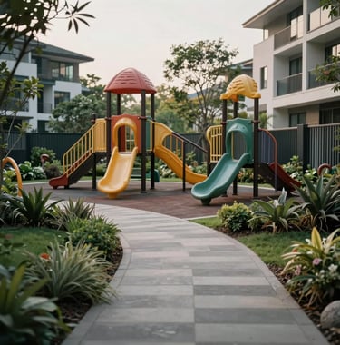 Outdoor photography of a modern playground and landscaped walking path within a gated community in India, highlighting the family-friendly nature of RK Apartment.