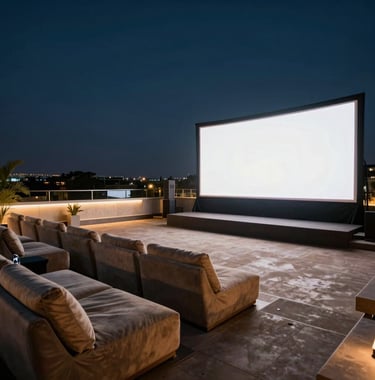 A rooftop theater under the night sky in Ranchi, comfortable lounge chairs, a large screen glowing, soft warm lighting creating a luxury cinema experience.
