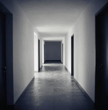 A black and white photography style with deep navy blue undertones showing a wide empty hallway with elegant minimalist lines. Representing the journey and the clarity of a clear path forward.