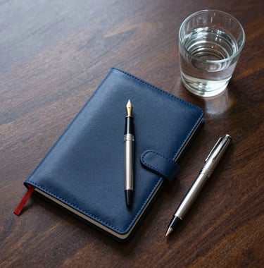 A top-down shot of a minimalist workspace: a luxury fountain pen, a sleek leather notebook, and a glass of water on a polished dark wood desk. Colors: deep midnight blue and arctic white.