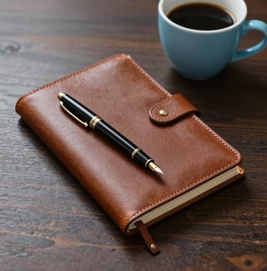 A high-angle shot of a leather-bound notebook and a fountain pen on a dark wood desk. A soft sky blue coffee cup sits nearby. The image is clean, sharp, and evokes a sense of strategic planning and elite focus.