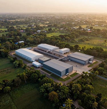 An aerial view of a lush green landscape in Lakhisarai, featuring a modern manufacturing facility integrated into the natural environment, captured in the golden hour with deep bronze and soft creamy tones.