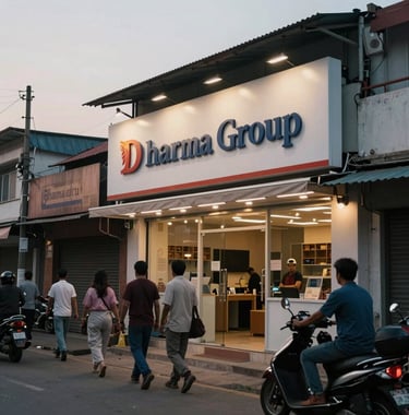 A bustling street view of Gaya, showing a professional storefront with 'Dharma Group' branding, captured in soft evening light.