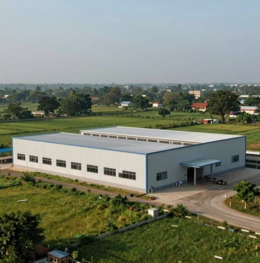 A scenic rural landscape in Lakhisarai with a focus on a clean, modern industrial building that represents the manufacturing branch.