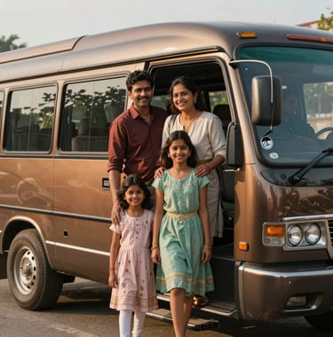 A high-end travel scene featuring a modern South Asian / Indian family boarding a luxury coach in Patna. The sunlight is warm bronze, highlighting the shiny exterior of the vehicle and their happy expressions. Professional documentary style.