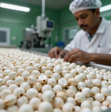 Close-up photography of pristine, large white Makhana seeds being inspected by a quality control professional in a South Asian / Indian manufacturing facility. Lighting is bright and clean with deep forest green accents in the background.