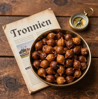 A top-down view of a rustic wooden table in a South Asian / Indian setting, featuring a bowl of roasted Makhana next to travel brochures and a brass compass. Colors include antique parchment and warm bronze.